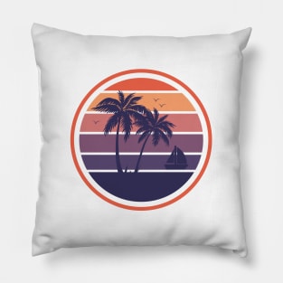 Retro Style Sunset Beach Palm Tree Pillow