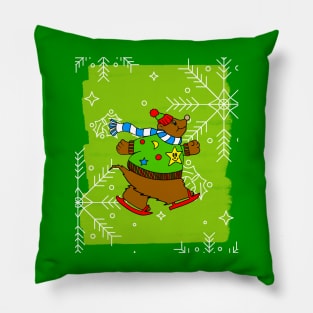 MERRY Christmas Brown Bear Ice Skater Pillow