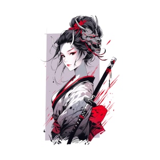 Beautiful girl with horns,  katana,Asian drawing T-Shirt