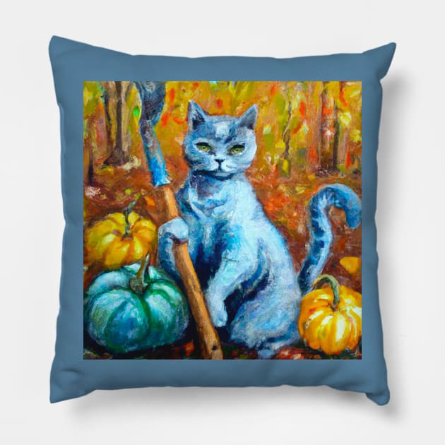 Blue Cat is Tending to the Pumpkin Harvest Pillow by Star Scrunch