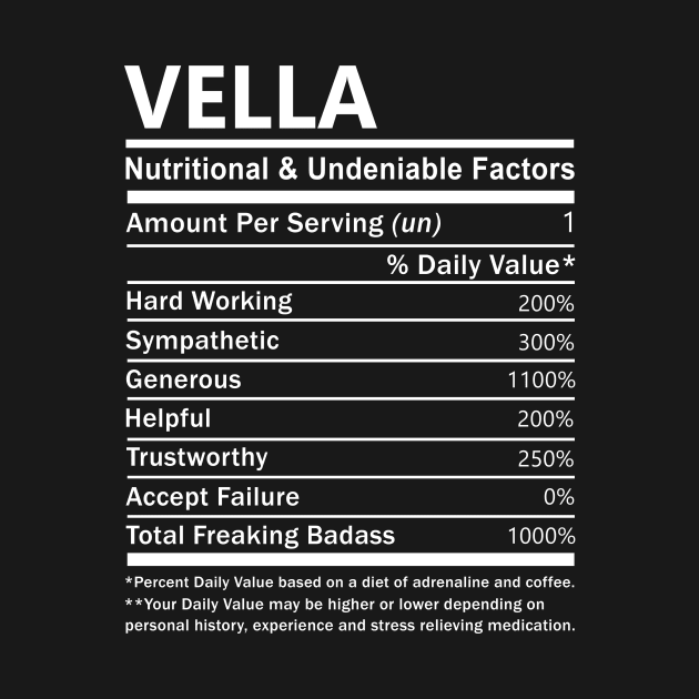 Vella Name T Shirt - Vella Nutritional and Undeniable Name Factors Gift Item Tee by nikitak4um