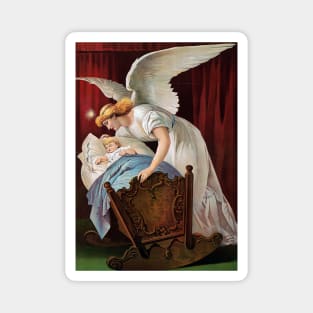 Protective guardian angel looking after a baby in a crib. Colorful vintage image. Magnet