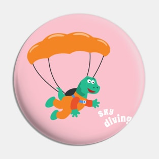 cartoon illustration of skydiving with litlle dinosaur Pin