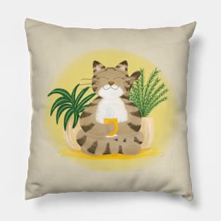 Relaxed cute cat drinking tea Pillow