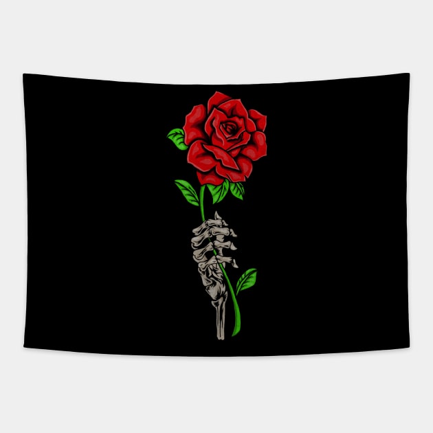 Skeleton Hand Holding a Red Rose, Floral Tapestry by dukito