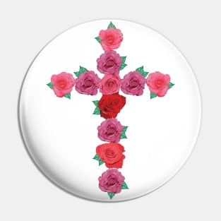 Floral Pink and Red Roses Flower Cross with Green Leaves Pin