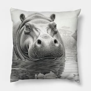 Hippopotamus Animal Predator Wild Nature Ink Sketch Style Pillow