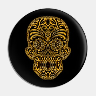 Intricate Yellow and Black Sugar Skull Pin