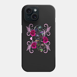 Triple Black Day Of The Dead Skulls Pink Roses Phone Case