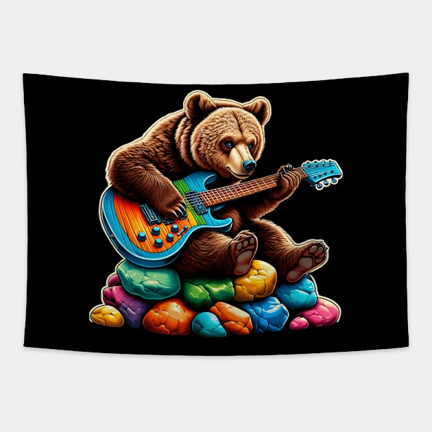 Cute Brown Bear Playing An Electric Guitar Tapestry by Merchweaver