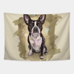 Contemporary Painting of a Cute Boston Terrier on a Beige Background Tapestry