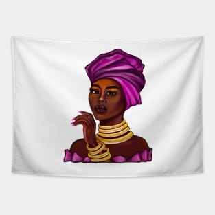 Queen Black is beautiful II black girl with Gold bangles, neck ring necklace, purple dress and head wrap, brown eyes and dark brown skin ! Tapestry