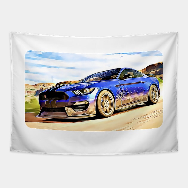 Mustang GT500 Cartoon Drawing Action Print Tapestry by Auto-Prints