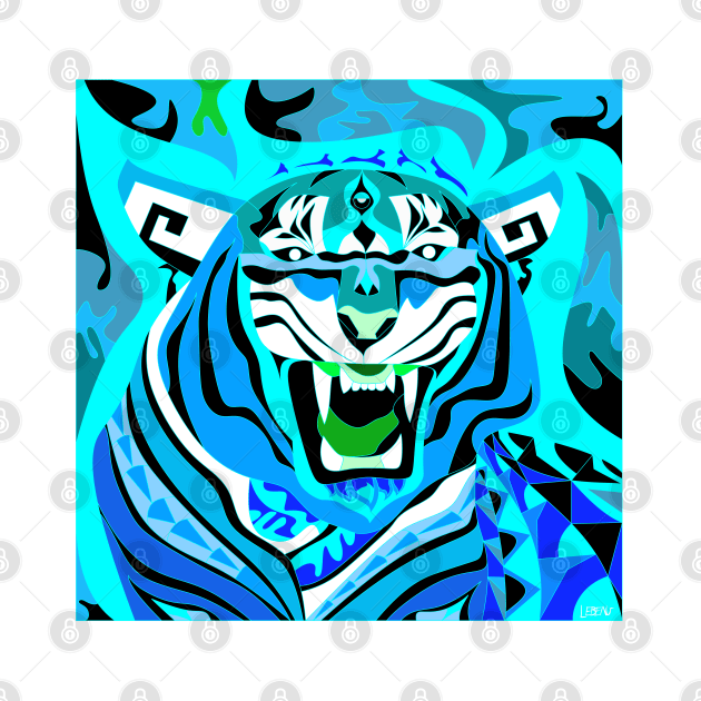 blue flame tiger in belgal totonac art ecopop wallpaper by jorge_lebeau
