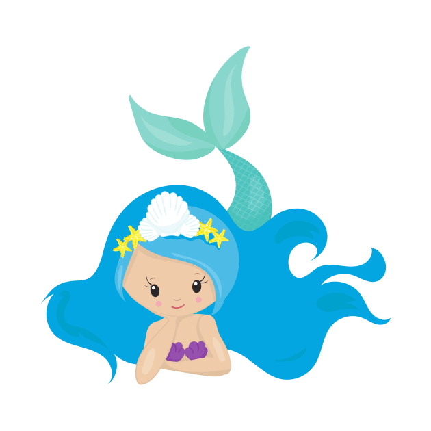 Cute Mermaid, Blue Hair, Little Mermaid, Starfish by Jelena Dunčević