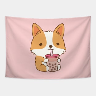 Cute Corgi Drinking Bubble Tea Tapestry