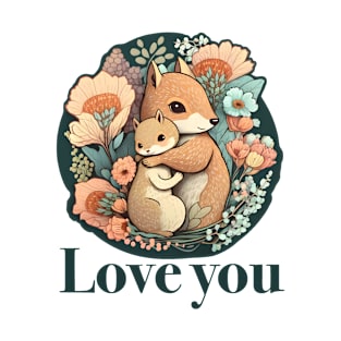 Mother and Baby Squirrel Embracing in Flowers Garden Love you T-Shirt