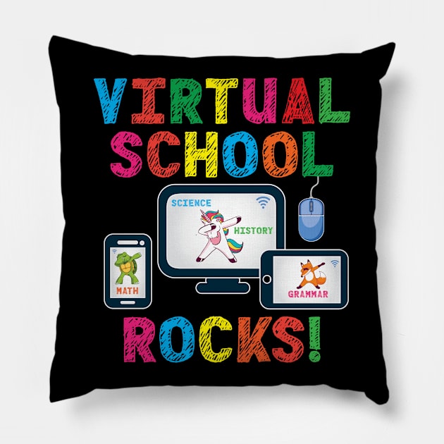 Virtual School Rocks Dabbing Unicorn Turtle Fox On Devices Pillow by Rosemarie Guieb Designs