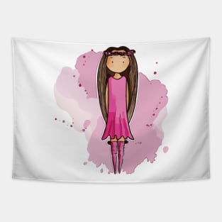 Cute bohemian girly girl with very long brown hair and a pink dress Tapestry