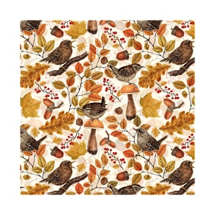 Autumn leaves, berries, mushrooms and wrens T-Shirt