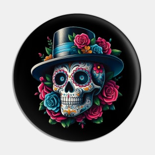 Sugar Skull Art - Top Hat and Pink Roses Pin