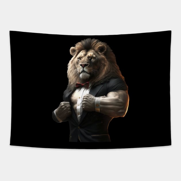 Muscular Lion in Tuxedo Flexing Biceps Tapestry by TheDesignStore