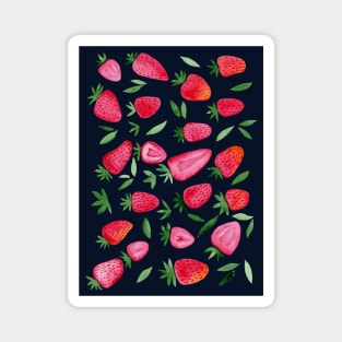 Watercolors strawberries - red and green on dark background Magnet