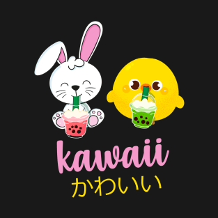 Kawaii cute anime bunny and duck drinking bubble tea T-Shirt