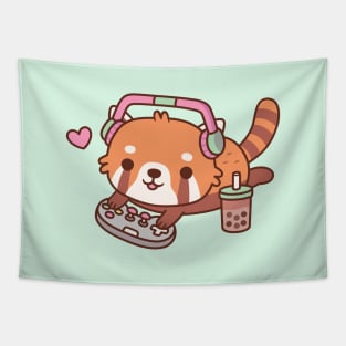 Cute Red Panda Gamer Chilling With Video Games Tapestry