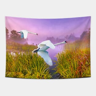 Mute Swans Over Marshes Tapestry