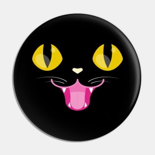 Black Cat Face Happy Halloween Kitty Yellow Pink & White w/ Whiskers and Fangs Pin