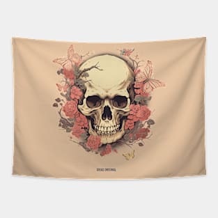 "Floral Whispers: A Skull Adorned with Flowers and Butterflies" Tapestry