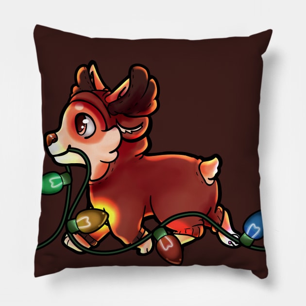 Corgi in a reindeer outfit carrying lights Pillow by OrangeRamphasto