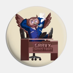 Business Owl behind a Gravy Industries Desk Pin