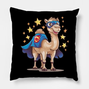 Creative and humorous vector print of a Bactrian camel, wearing a superhero cape and mask, standing confidently with a cheerful smile. (3) Pillow