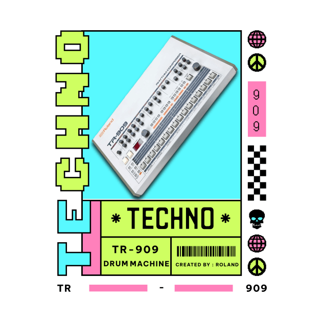 TECHNO  - TR 909 Drum Machine (black/pink/green) by DISCOTHREADZ 