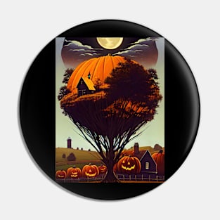 Halloween with tree, house,cornfield, moon, scarecrow Pin