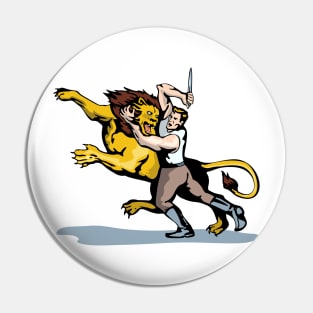 Man Fighting Lion with Dagger  Retro Pin