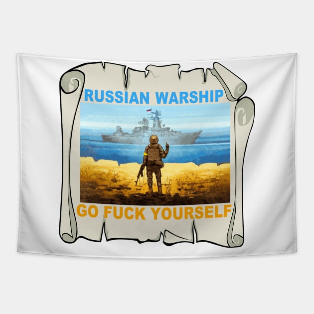 Ukraine Postage Stamp, Russian Warship Go Fuck Yourself! Русский Военный Корабль, Иди На Хуй! Tapestry by Vladimir Zevenckih