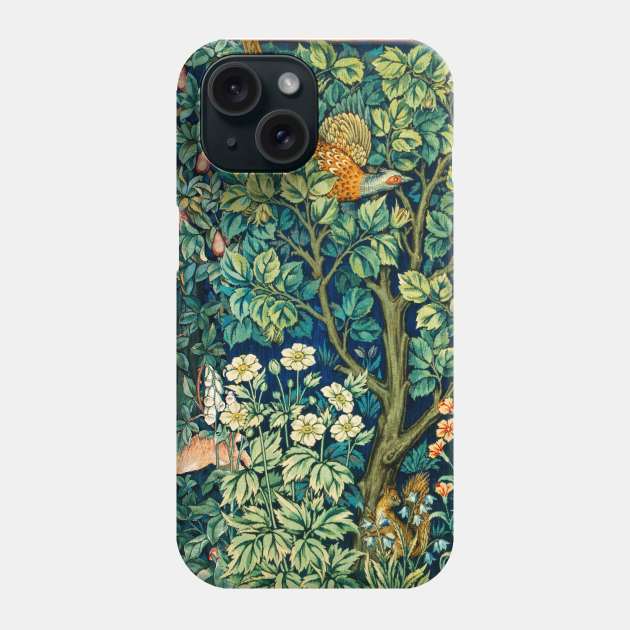 GREENERY,FOREST ANIMALS Pheasant on Tree,Squirrel,Hares,Blue Green Floral Tapestry Phone Case by BulganLumini