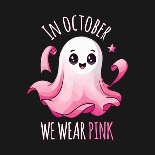 Kawaii Ghost in Pink Ribbon Skeleton - October's Halloween Breast Cancer Awareness T-Shirt