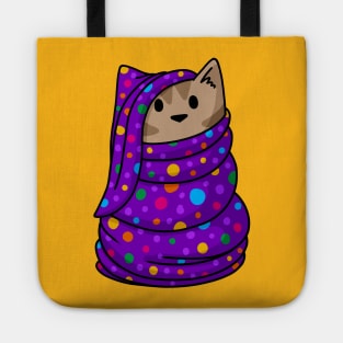 Brown tabby cat wrapped in purple blanket Tote