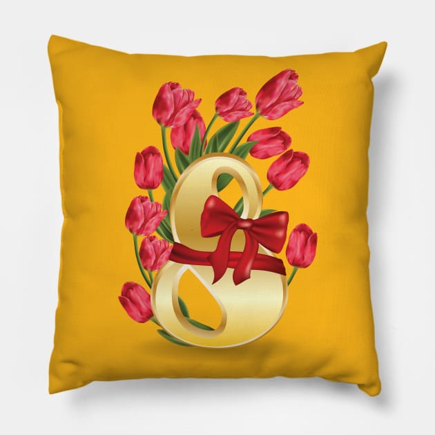 8 March Greetings with Tulips Pillow by AnnArtshock