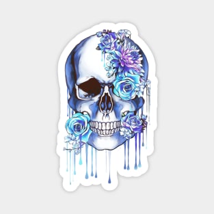 Floral, flowers and skull, Human anatomy, bones, blue style drops color paint Magnet