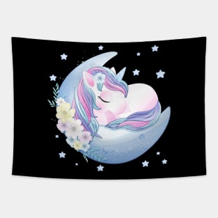 hand drawn cute unicorn sleeping moon Tapestry