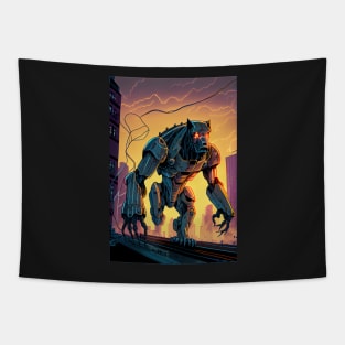 Monster giant robot cyborg dog attacking the city Tapestry