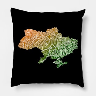 Colorful mandala art map of Ukraine with text in green and orange Pillow