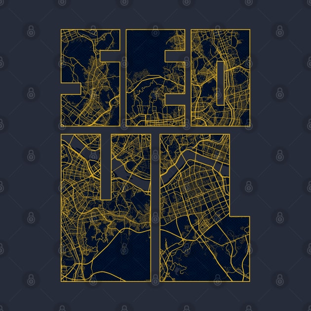 Seoul, South Korea City Map Typography - Gold Art Deco by deMAP Studio