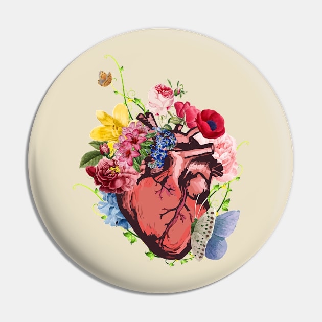 Floral Anatomical Heart with Butterflies Pin by Thor