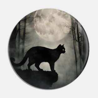 Mysterious Black Cat in the Foggy Forest Vintage Pin